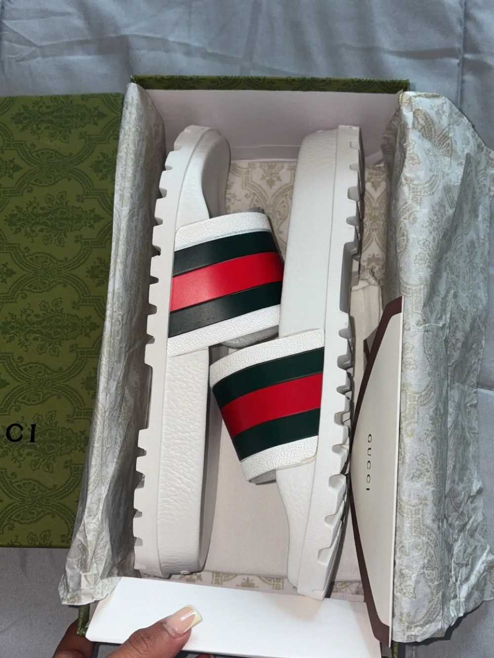 Gucci White Slide Sandals with Red and Green Web Stripe